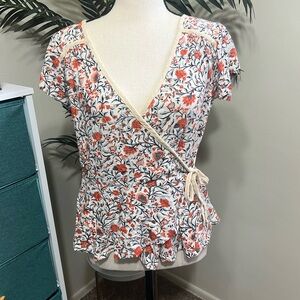 Lucky Brand Cream, Orange and Navy Peplum Tie Blouse (S)
